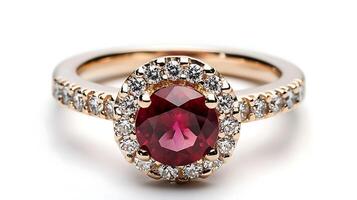 Luxurious ruby ring set in gold showcasing a deep red gemstone surrounded by tiny diamonds perfect for an engagement photo