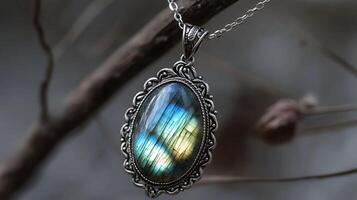 Mystical labradorite necklace with a shimmering bluegreen gemstone set in a delicate silver chain photo