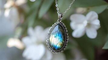 Mystical labradorite necklace with a shimmering bluegreen gemstone set in a delicate silver chain photo