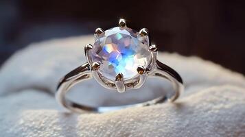 Mystical moonstone ring with a translucent gemstone that reflects an array of colors set in a silver band photo