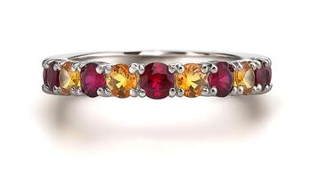 Radiant ruby and citrine ring with vibrant red ruby and golden yellow citrine in an elegant silver band photo