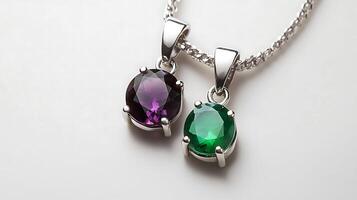 Sophisticated alexandrite and chrysoprase pendant with a colorchanging alexandrite stone and a bright green chrysoprase set in a silver chain photo