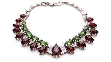 Sophisticated garnet and peridot necklace with deep red and bright green gemstones arranged in a delicate pattern photo