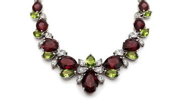 Sophisticated garnet and peridot necklace with deep red and bright green gemstones arranged in a delicate pattern photo
