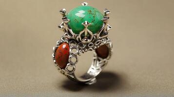 Striking chrysoprase and jasper ring with bright green chrysoprase and earthy red jasper in an intricate silver band photo