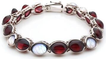 Unique garnet and moonstone bracelet with deep red garnet and translucent moonstone stones in a bold design photo