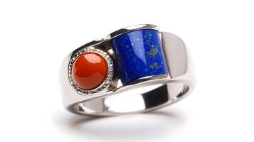 Elegant lapis lazuli and carnelian ring with deep blue lapis lazuli and rich redorange carnelian in a sleek silver band photo