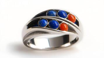 Elegant lapis lazuli and carnelian ring with deep blue lapis lazuli and rich redorange carnelian in a sleek silver band photo