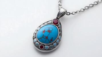 Elegant turquoise and spinel pendant with a striking blue turquoise stone and a red spinel set in a silver chain photo
