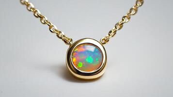Opal pendant with a mesmerizing play of colors set in a simple yet elegant gold necklace photo