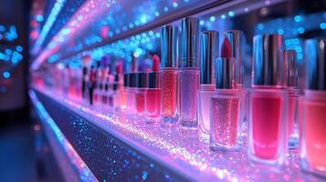 Bold Makeup display featuring neonhued lip colors graphic eyeliner pens glitterpacked highlighters arranged glowing LED shelves for a futuristic and striking visual effect photo