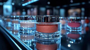 Chic Makeup display featuring bold saturated lip colors glossy highlighters silky foundation modern transparent containers on a pristine glass counter under spotlight lighting photo