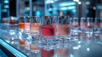 Stylish Makeup Presentation Featuring Bold Saturated Lip Colors Glossy Highlighters Silky Foundations Modern Transparent Containers on a Pristine Glass Counter Under Spotlighting photo