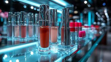 Boldly Chic Saturated Lip Colors Glossy Highlighters Modern Transparent Containers on a Pristine Glass Counter Under Spotlighting photo