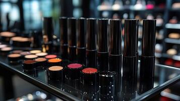 Chic Makeup display sleek black packaging featuring bold lip colors radiant highlighters smooth foundations elegantly arranged on a glass table with modern lighting to highlight each product photo
