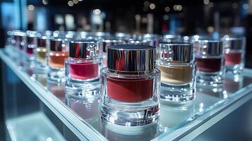 Chic Sophistication Modern Makeup Display Featuring Bold Lip Colors Glossy Highlighters Transparent Containers on a Pristine Glass Counter with Spotlighting photo
