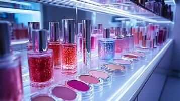 Futuristic Makeup display holographic packaging featuring metallic eyeshadows bold eyeliners glossy lipsticks arranged on geometric metal shelves with cool blue and white lighting photo