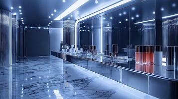 Futuristic Shine Monochrome Makeup Display Sleek Silver Packaging GlitterInfused Glosses on a HighTech Glass Counter photo