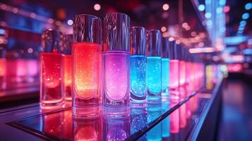 Innovative Makeup Display Featuring Holographic Packaging Bright Shades Showcasing Electric Blue Eyeliners Neon Lipsticks Glimmering Powders on Angular Metal Stands photo