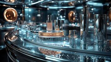 Futuristic Monochromatic Makeup Arrangement Featuring Sleek Silver Packaging GlitterInfused Glosses Precision Eyeliners Set a Contemporary Glass Counter Under Bright Spotlights photo