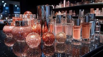 Glamorous Makeup display sparkling highlighters plush lip creams luxurious bronzers arranged in delicate glass containers set on a reflective black marble table under dramatic lighting photo
