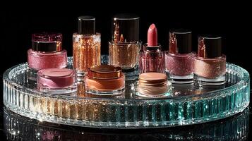Glamorous Makeup Presentation Featuring Sparkling Highlighters Plush Lip Creams Luxurious Bronzers Artfully Arranged Delicate Glass Containers on a Reflective Black Marble Table photo