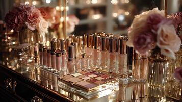 Opulent Makeup Display Featuring PearlInfused Highlighters Velvet Lipsticks Shimmering Powders Elegantly Laid Out a Mirrored Surface with Ambient Lighting and Gold Accents photo