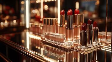 Pearlescent Luxe Opulent Makeup Display Featuring PearlInfused Highlighters Velvet Lipsticks a Mirrored Table with Ambient Gold Lighting photo