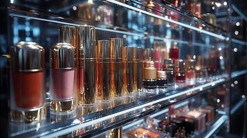 Luxurious Makeup display shimmering gold silver tones highlighting bold matte lipsticks vibrant eyeshadow palettes and elegant foundation bottles on glass shelves under soft lighting photo