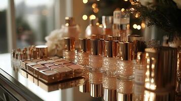 Luxurious Makeup display featuring pearlinfused highlighters velvet lipsticks shimmering powders elegantly arranged a mirrored table with ambient lighting and gold accents throughout photo