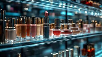 Luxurious Shine Glamorous Makeup Display Featuring Shimmering Gold Silver Products Glass Shelves Under Soft Ambient Lighting photo