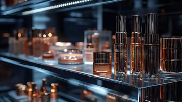 Luxurious Makeup Display Featuring Shimmering Gold Silver Hues Showcasing Bold Matte Lipsticks Vibrant Eyeshadow Palettes Elegant Foundation Bottles on Glass Shelves Under Soft Lighting photo