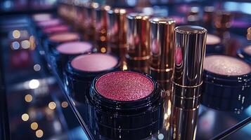 Golden GlowUp CloseUp of Rich Lipsticks Dewy Foundations a Reflective Surface with Soft Golden Lighting Enhancing Texture photo