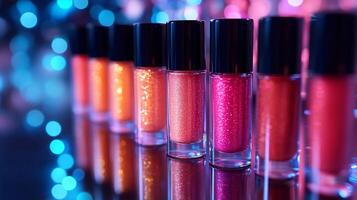 Makeup closeup display of colorful lip glosses illuminating highlighters smooth cream foundations modern geometric patterns arranged on a shiny metallic surface with soft natural lighting photo