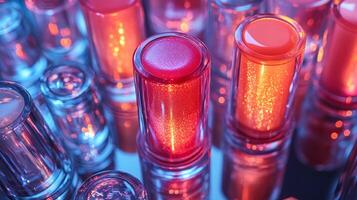 Colorful Geometry CloseUp of Lip Glosses Cream Foundations Modern Patterns on a Shiny Metallic Surface with Soft Natural Lighting photo