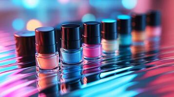 Geometric Glam Colorful Lip Glosses Illuminating Highlighters Modern Patterns on a Shiny Metallic Surface with Soft Natural Lighting photo