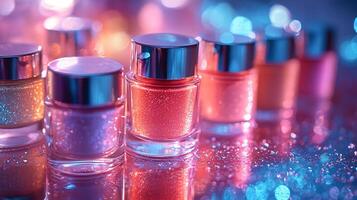 Contemporary CloseUp Makeup Display of Colorful Lip Glosses Illuminating Highlighters Cream Foundations Arranged Modern Geometric Patterns on a Shiny Metallic Surface with Soft Lighting photo