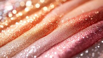Makeup closeup display of glittering highlighters soft liquid blushes sheer lip glosses a flowing arrangement on a metallic surface with soft warm ambient lighting photo