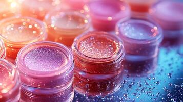Captivating CloseUp Makeup Display of Glittering Highlighters Soft Liquid Blushes Sheer Lip Glosses Flowing Gracefully a Metallic Base with Ambient Warm Lighting to Highlight Each Product photo