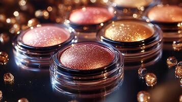 Gleaming Beauty Flowing Arrangement of Highlighters Liquid Blushes a Metallic Surface with Warm Ambient Lighting photo