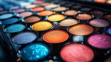 Makeup closeup display of sparkling eyeshadows bold lip glosses radiant highlighters arranged a dynamic fan pattern on a reflective glass surface with dramatic highcontrast lighting photo