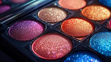 Dynamic CloseUp Makeup Display Showcasing Sparkling Eyeshadows Bold Glosses Radiant Highlighters Arranged a Playful Fan Design on a Reflective Glass Surface with HighContrast Lighting photo
