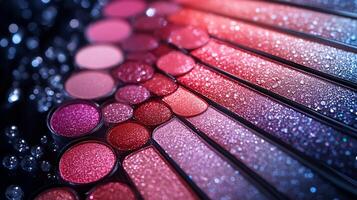 Dynamic Fan CloseUp of Sparkling Eyeshadows Bold Glosses Arranged a Flowing Fan Pattern on a Reflective Surface with Dramatic Lighting photo