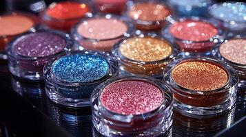 Dynamic Radiance CloseUp of Sparkling Eyeshadows Glossy Lip Glosses Arranged a Fan Pattern on a Reflective Glass Surface photo
