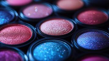 Radiant Spectrum CloseUp of Vibrant Eyeshadow Pigments Glowing Highlighters Bathed Soft Warm Lighting for a Luminous Effect photo