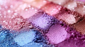 Vibrant Radiance CloseUp of Eyeshadow Pigments Soft Blush Powders Arranged Radiantly Under Soft Warm Lighting photo