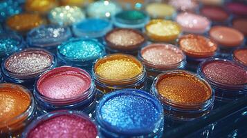 Radiant Makeup CloseUp Display Featuring Variety of Eyeshadow Pigments Soft Blush Powders Glowing Liquid Highlighters Arranged Beautifully Under Warm Lighting photo