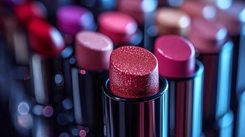 Makeup closeup display showcasing bold lipsticks soft blush powders shimmering highlighters arranged a dramatic layered display with elegant lighting to enhance the textures and shades photo