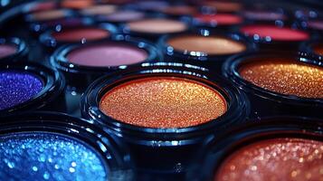 Rich CloseUp Makeup Display Showcasing Radiant Powder Foundations Bold Lip Glosses Metallic Eyeshadows a Circular Arrangement with Soft Ambient Lighting Enhancing Their Design photo