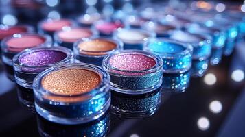 Enchanting CloseUp Display Showcasing Iridescent Powders Metallic Eyeshadows HighGloss Lip Products a Reflective Design Under Soft Lighting that Accentuates Their Luster photo